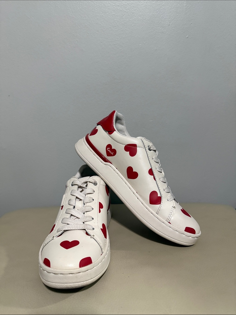 Coach Cream Sneakers with Red Heart Print